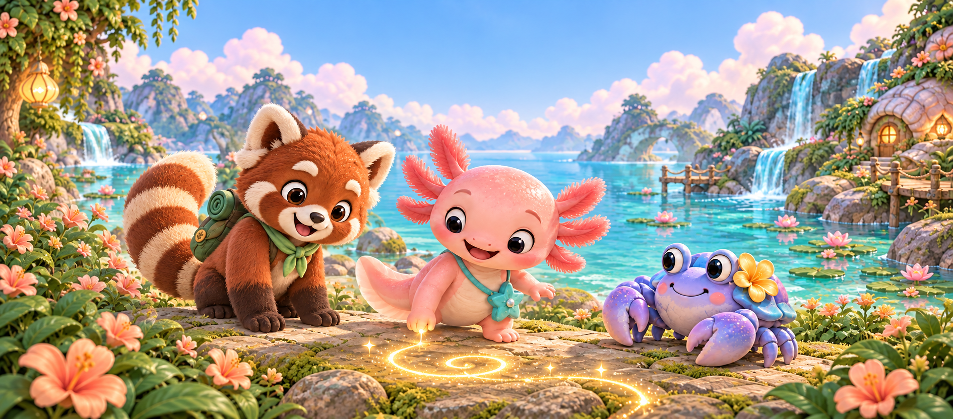 Malia the red panda, Amy the pink axolotl and Ana the purple crab exploring their magical garden together